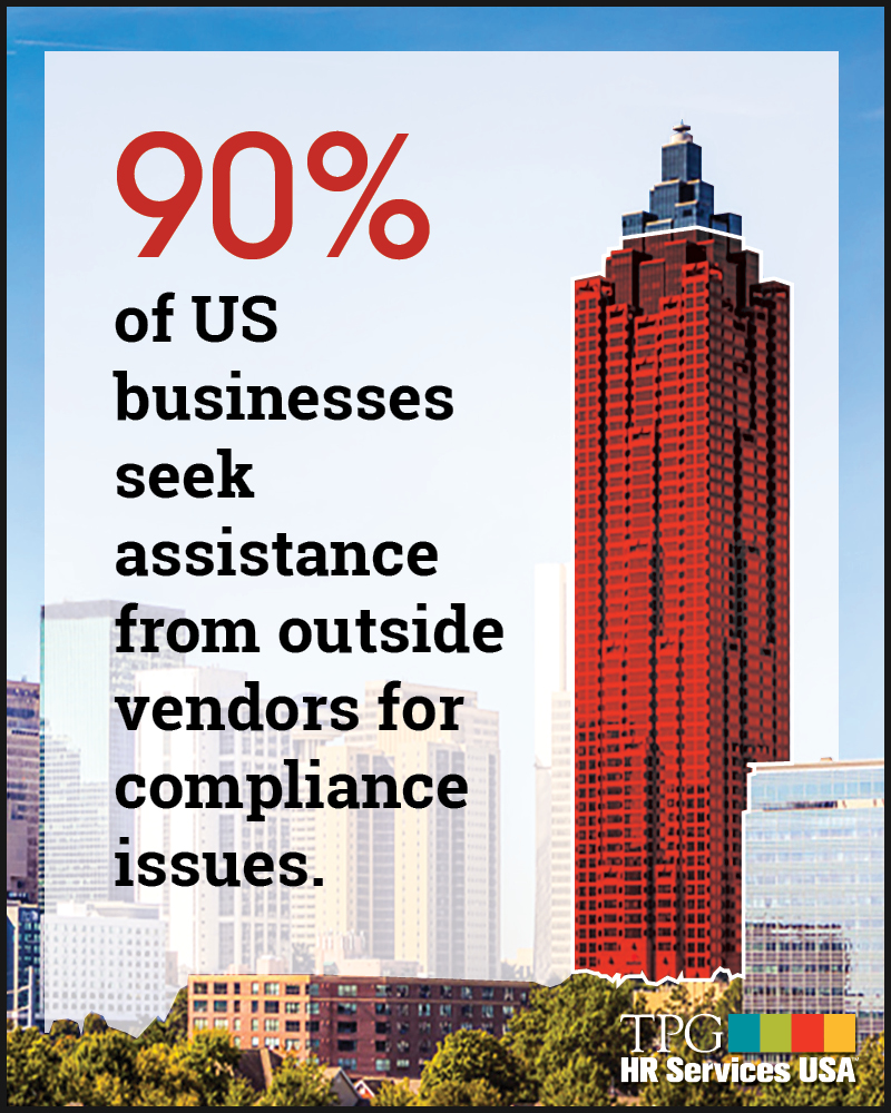 90-percentage-of-us-businesses-seek-compliance-assistance illustration of tall business skyscraper with 90% statistic about hr compliance