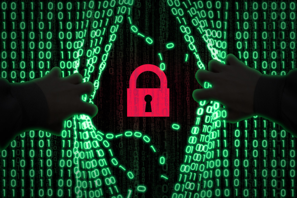 Data hacker enters computer through binary strings