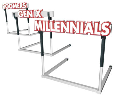 A picture of three hurdles, representing stereotypes for baby boomers, millennials and Generation Xers.