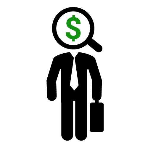 icon of a businessman with a magnifying glass for a head looking at a dollar sign