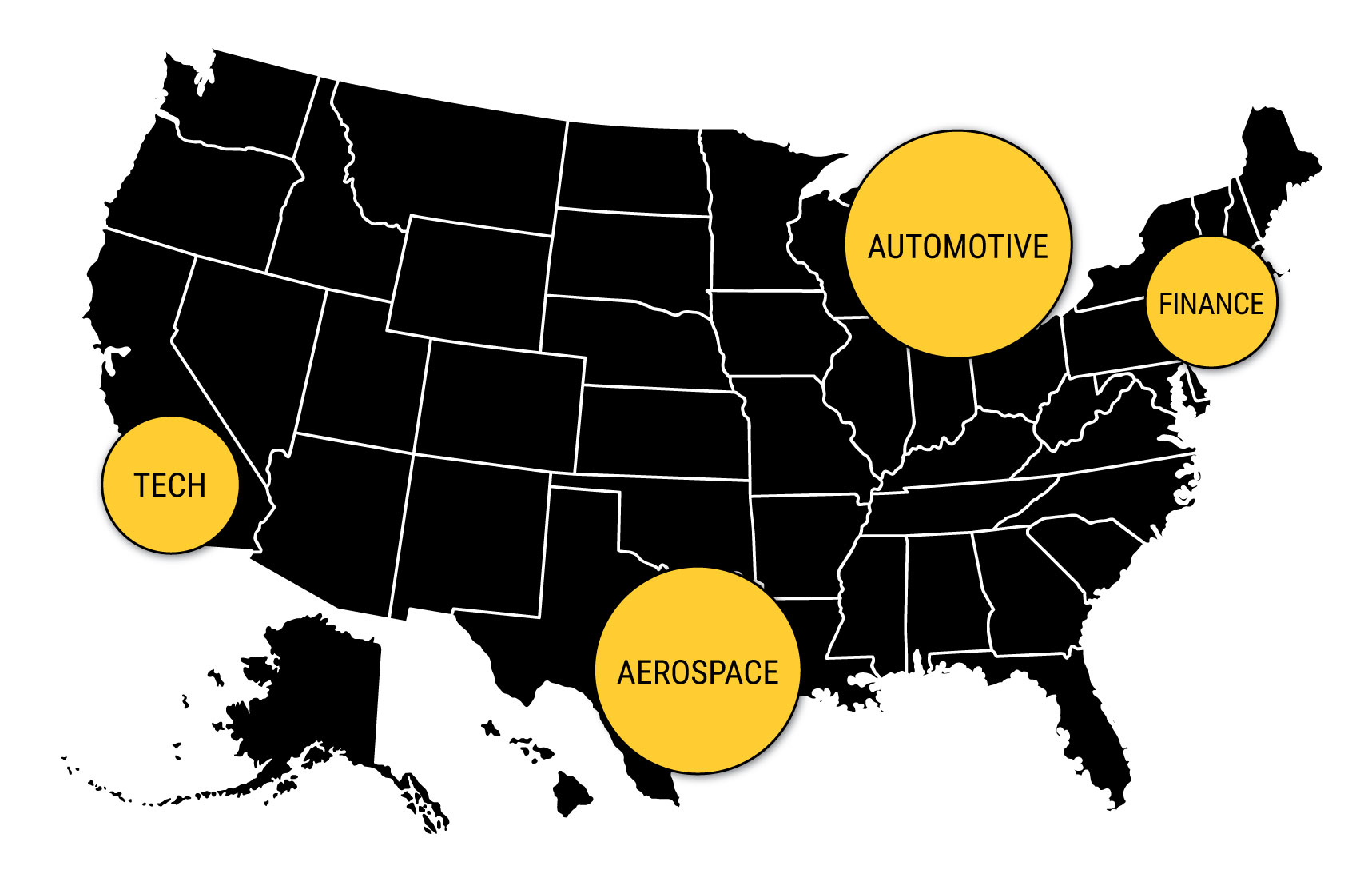 big-industries-usa map of U.S> showing states with big industries