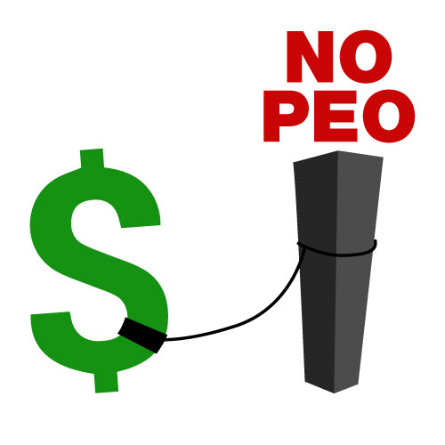 dollar sign leashed to a post that reads No PEO