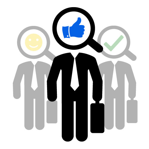 icons of businessmen with magnifying glasses for head - a smiley face, a thumbs up and a checkmark