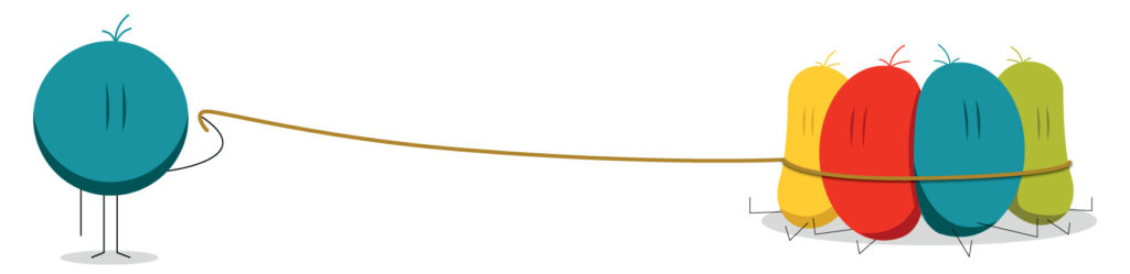 illustration of 1 employee icon symbol holding a rope with the other end wrapped around 4 other employee icon symbols