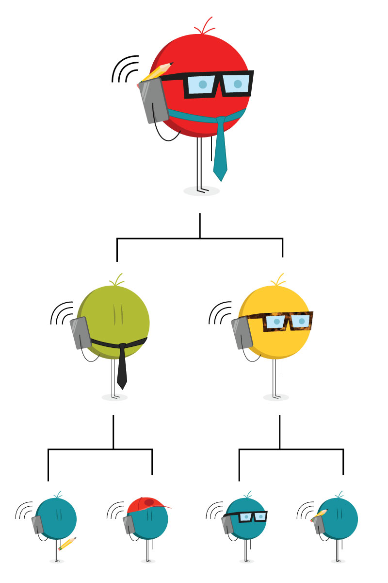 employees-communicating illustrated hierarchical chart using icon symbols to represent employees at different levels