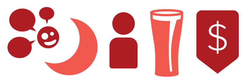 icons of alcohol, money, lack of sleep, and mental health issues all associated with workplace violence.