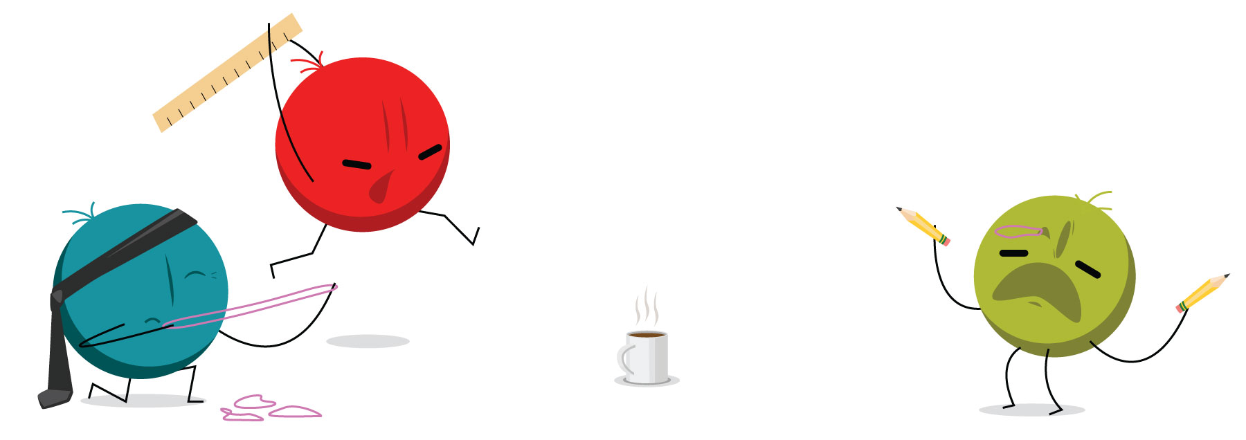 icon symbols representing office workers fighting with one another over something insignificant as coffee