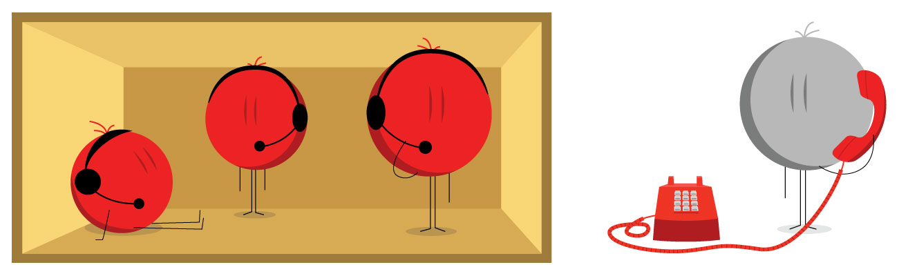 outside-voice illustration of icon symbols of hr call center representatives talking to an employee at a HR client