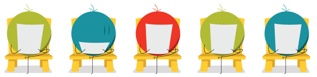 illustration of 5 icon symbols of employees all sitting on waiting room chairs looking at their resumes waiting to be interviewed